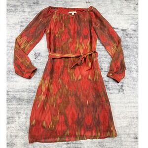 Banana Republic Heritage Ikat Print Split Neck Dress Gold Bar Detail Rust Size 2